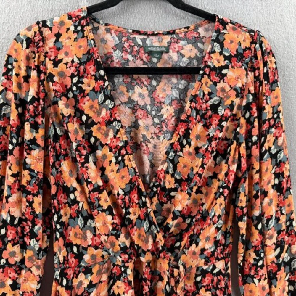 Wild Fable‎ Mini Faux Wrap Dress Womens M Orange Black Ditsy Print Whimsigoth